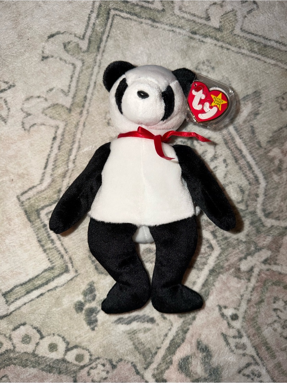 Ty Plush Panda in Black & White with Red Ribbon